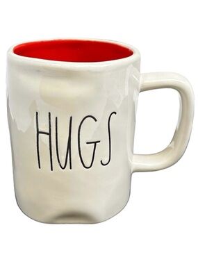 Rae Dunn HUGS Mug White Red Interior Black Large Letters Ceramic Dimples NWT OG